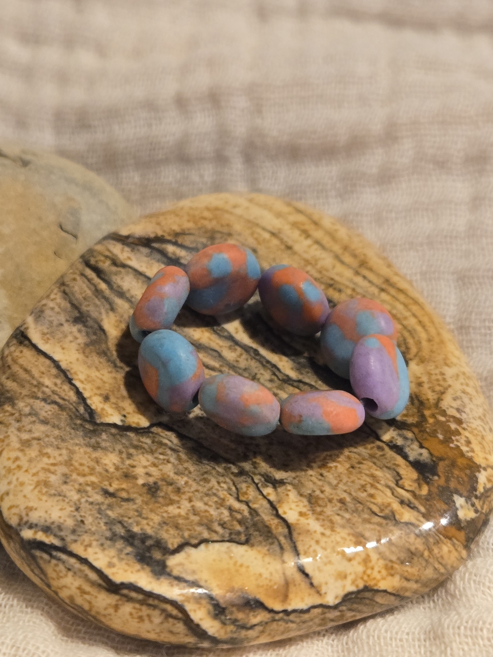 Colorful Polymer Clay Bead Stretch Ring - Multicolor Blue, Pink, Purple